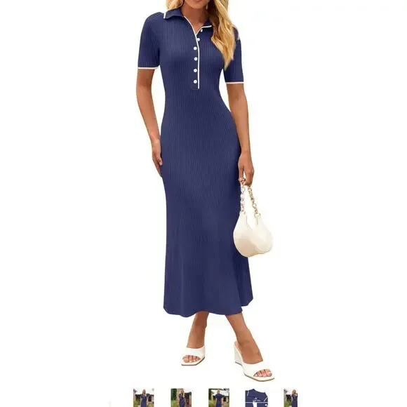 MEROKEETY Women's V Neck Ribbed Knit Maxi Dress Button Short Sleeve Slim Fit~M - Picture 3 of 13